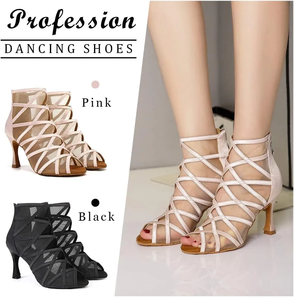 TINRYMX Women's Latin Dance Boots Ballrooom Salsa Tango Open Toe Performance Professional Dance Shoes, Model-YCL445