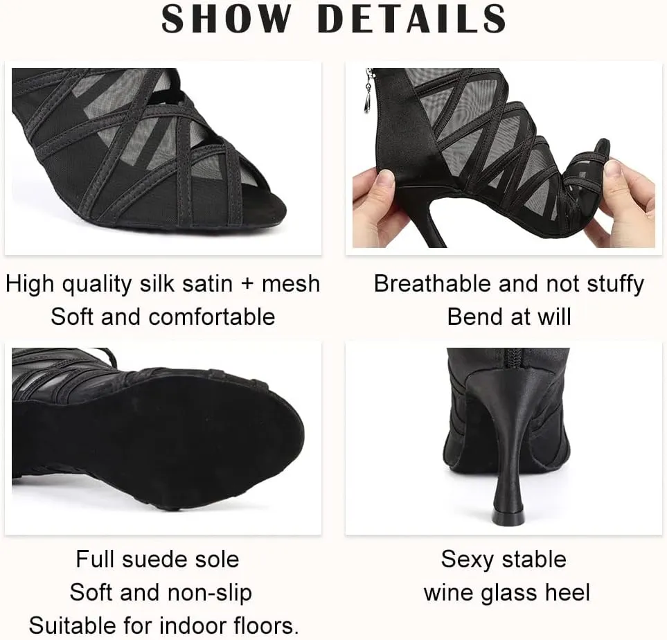 TINRYMX Women's Latin Dance Boots Ballrooom Salsa Tango Open Toe Performance Professional Dance Shoes, Model-YCL445