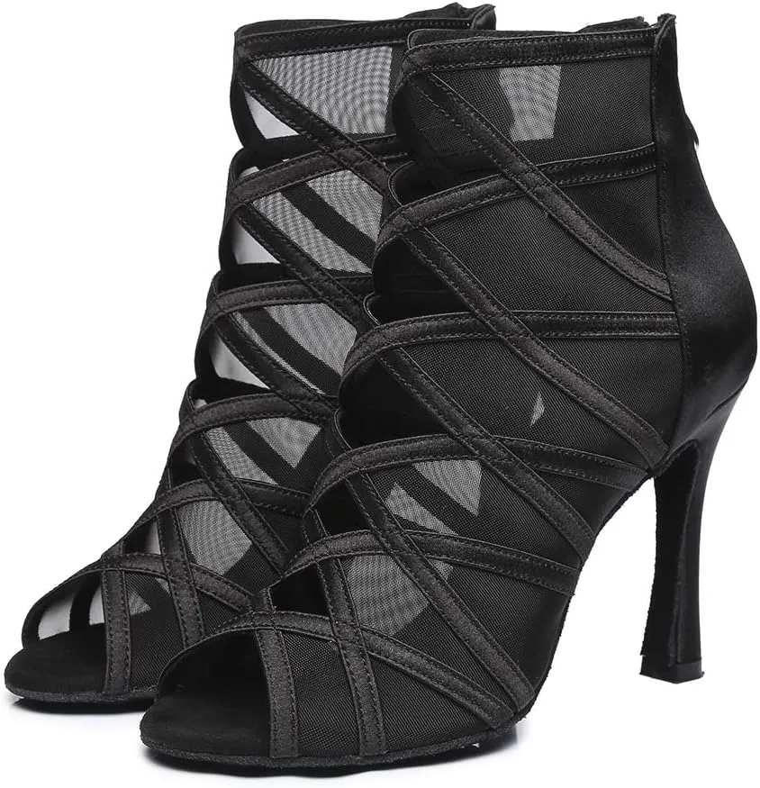 TINRYMX Women's Latin Dance Boots Ballrooom Salsa Tango Open Toe Performance Professional Dance Shoes, Model-YCL445