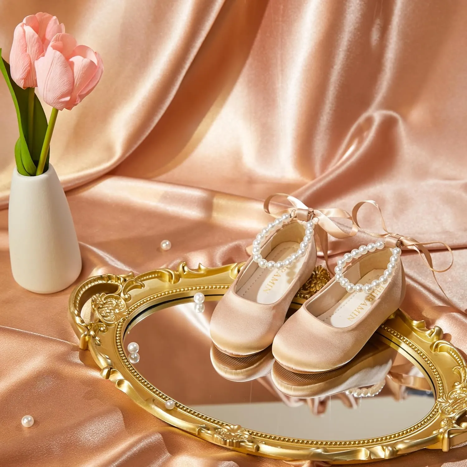 Toddler Flower Girl Dress Shoes - Little Girl Ballet Flats Pearl Strap for Wedding Party