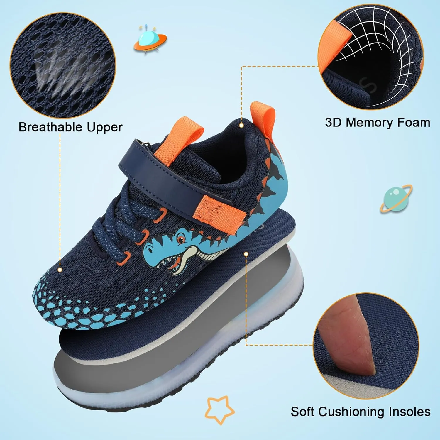 Toddler Sneakers Light Up Shoes for Boy Girl with Hook and Loop Comfortable Led Shoes Non-Slip Dinosaur Shark Shoes Little Kid