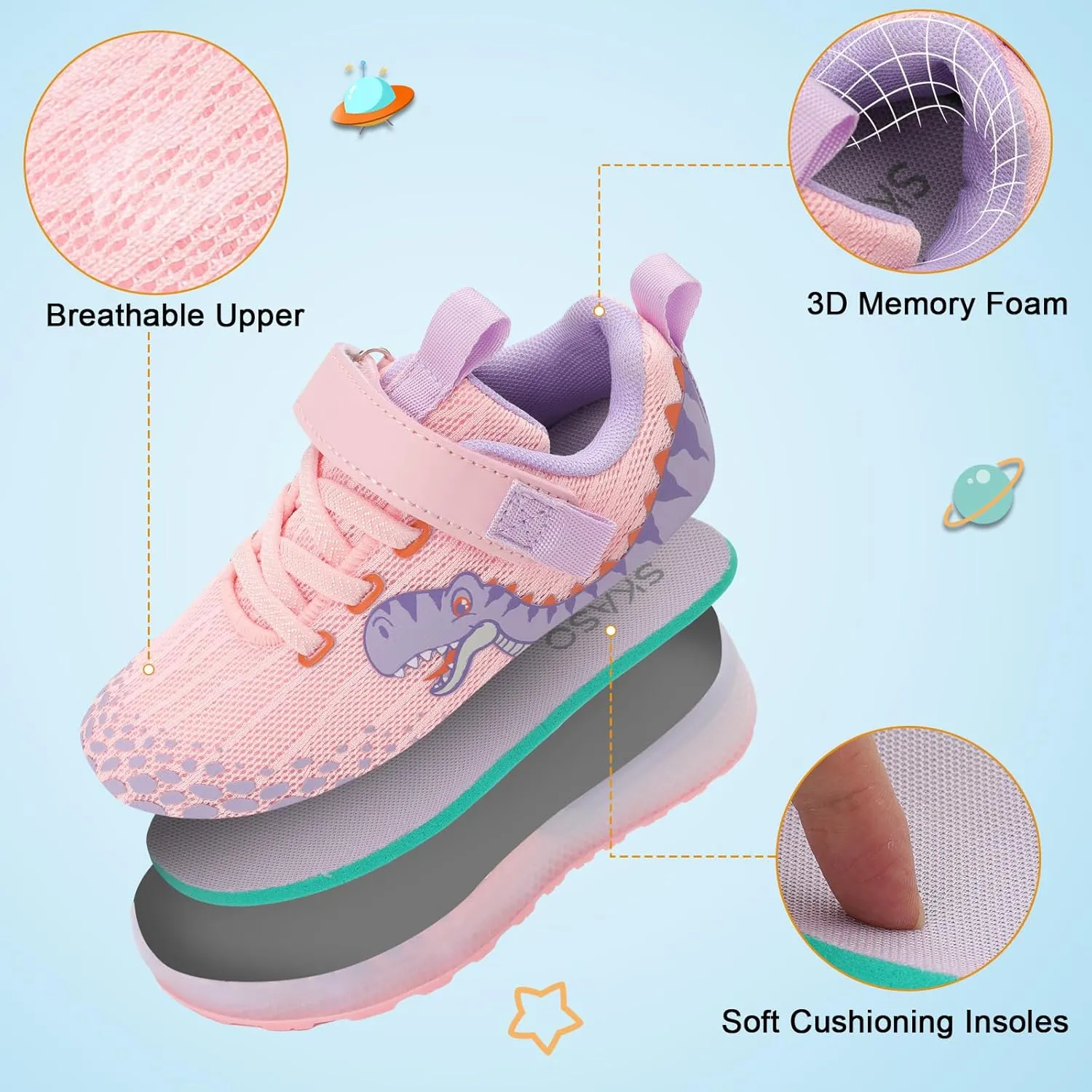 Toddler Sneakers Light Up Shoes for Boy Girl with Hook and Loop Comfortable Led Shoes Non-Slip Dinosaur Shark Shoes Little Kid