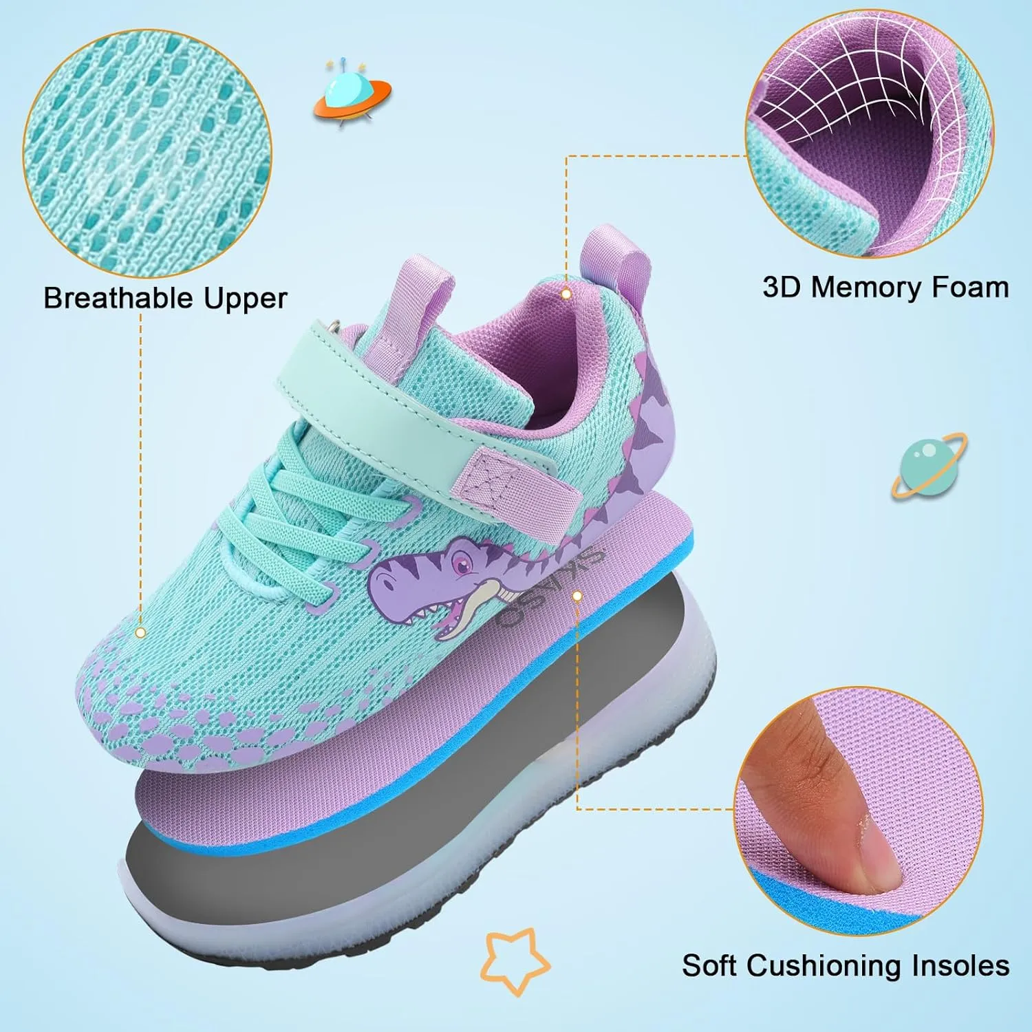 Toddler Sneakers Light Up Shoes for Boy Girl with Hook and Loop Comfortable Led Shoes Non-Slip Dinosaur Shark Shoes Little Kid