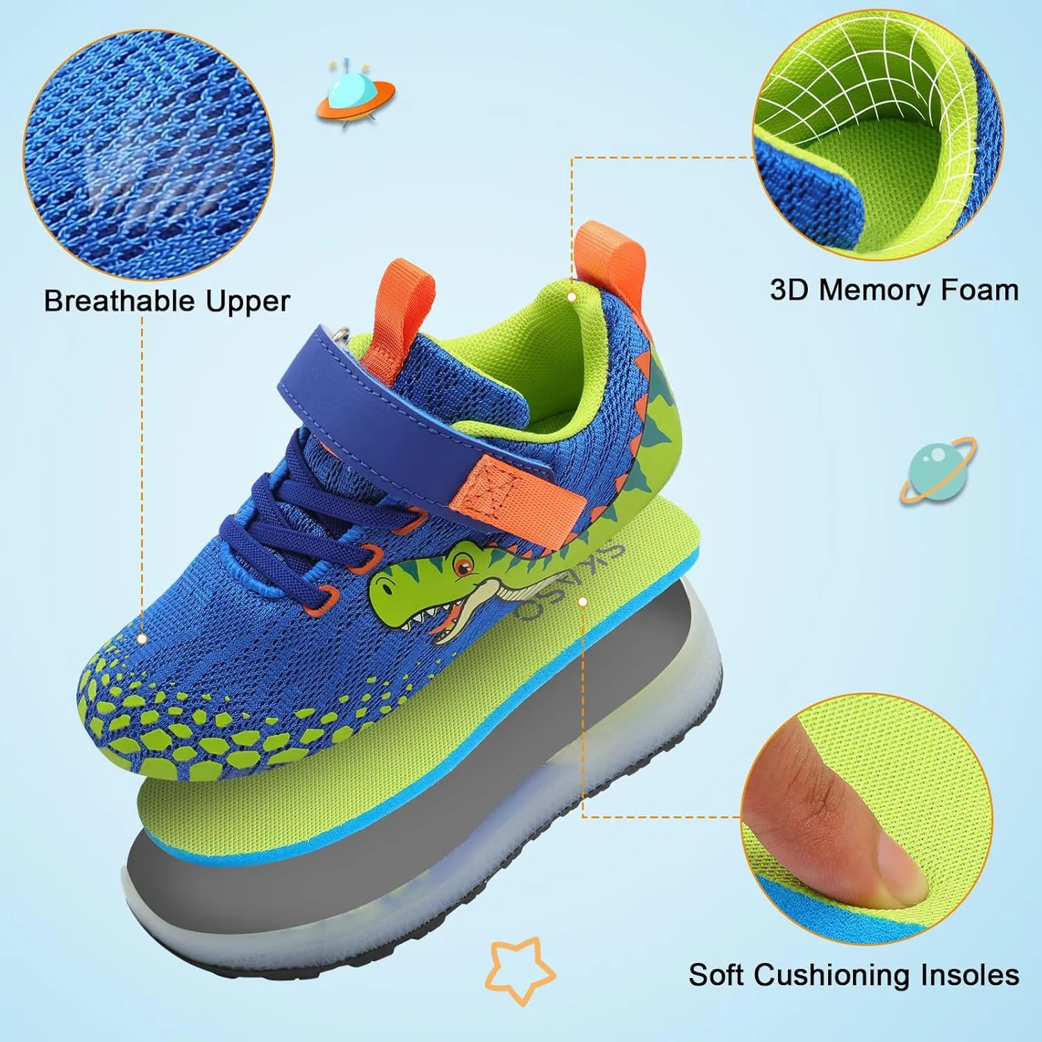 Toddler Sneakers Light Up Shoes for Boy Girl with Hook and Loop Comfortable Led Shoes Non-Slip Dinosaur Shark Shoes Little Kid