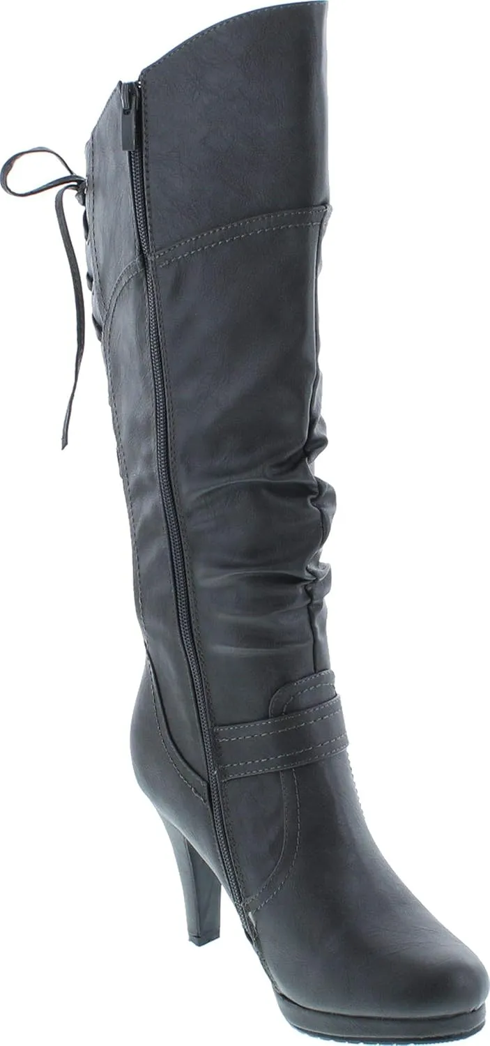 TOP Moda BAG-55 Women's Knee High Buckle Slouched Kitten Heel Boots
