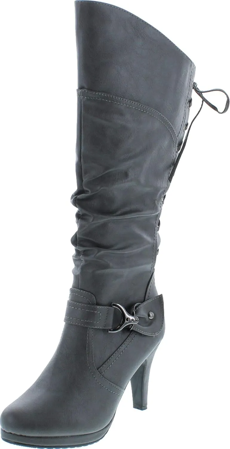 TOP Moda BAG-55 Women's Knee High Buckle Slouched Kitten Heel Boots