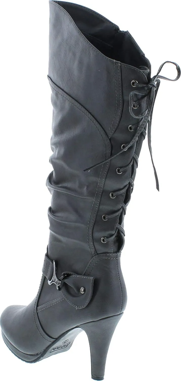 TOP Moda BAG-55 Women's Knee High Buckle Slouched Kitten Heel Boots