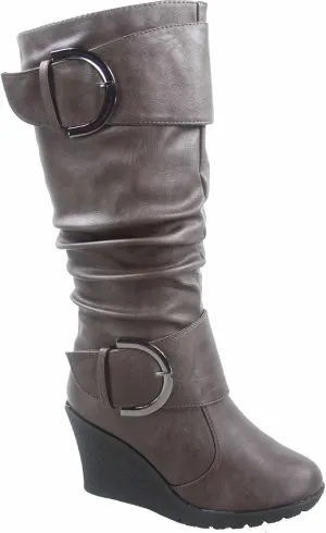 TOP Moda Pure-65 Women's Fashion Round Toe Slouch Buckle Wedge Mid Calf Boot Shoes