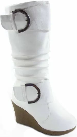 TOP Moda Pure-65 Women's Fashion Round Toe Slouch Buckle Wedge Mid Calf Boot Shoes