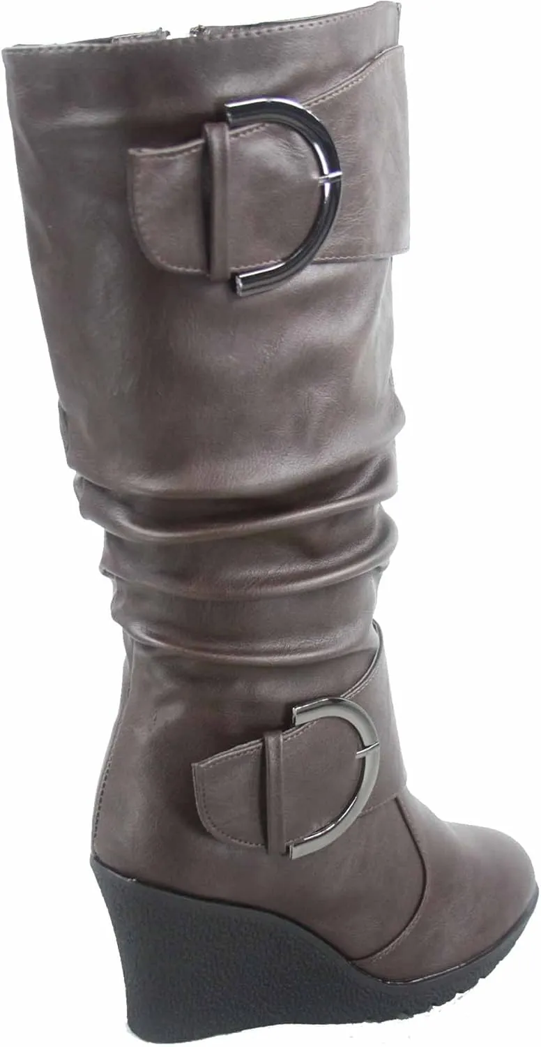 TOP Moda Pure-65 Women's Fashion Round Toe Slouch Buckle Wedge Mid Calf Boot Shoes
