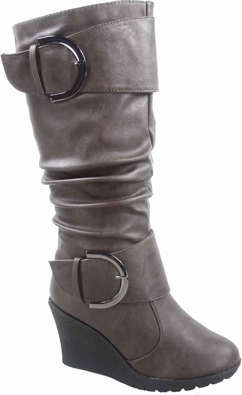 TOP Moda Pure-65 Women's Fashion Round Toe Slouch Buckle Wedge Mid Calf Boot Shoes
