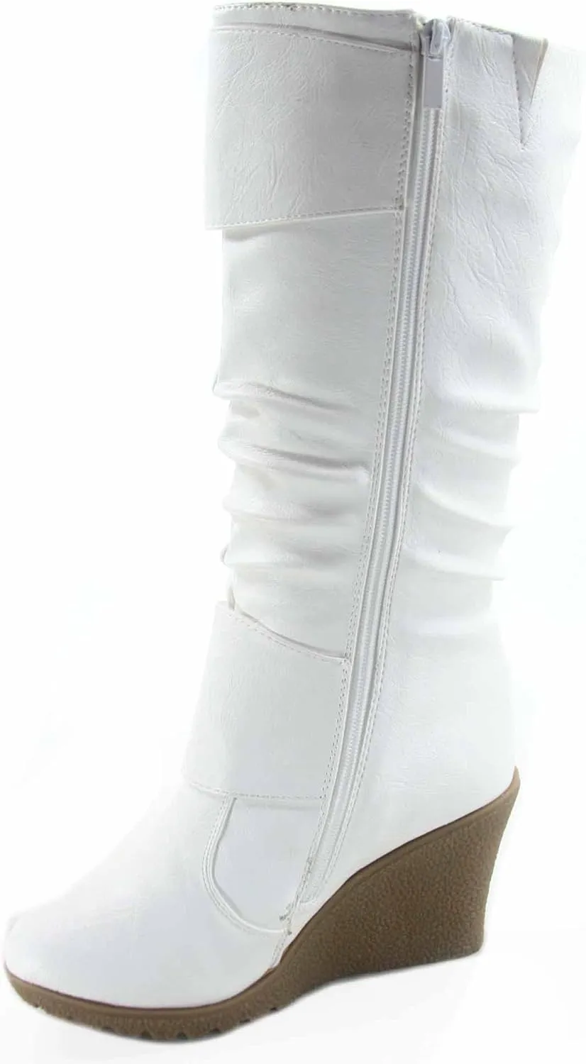 TOP Moda Pure-65 Women's Fashion Round Toe Slouch Buckle Wedge Mid Calf Boot Shoes