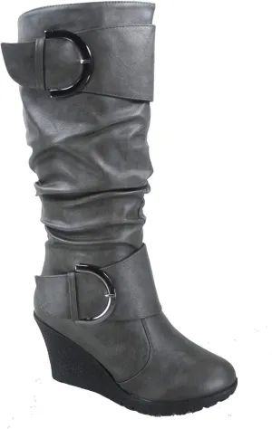 TOP Moda Pure-65 Women's Fashion Round Toe Slouch Buckle Wedge Mid Calf Boot Shoes