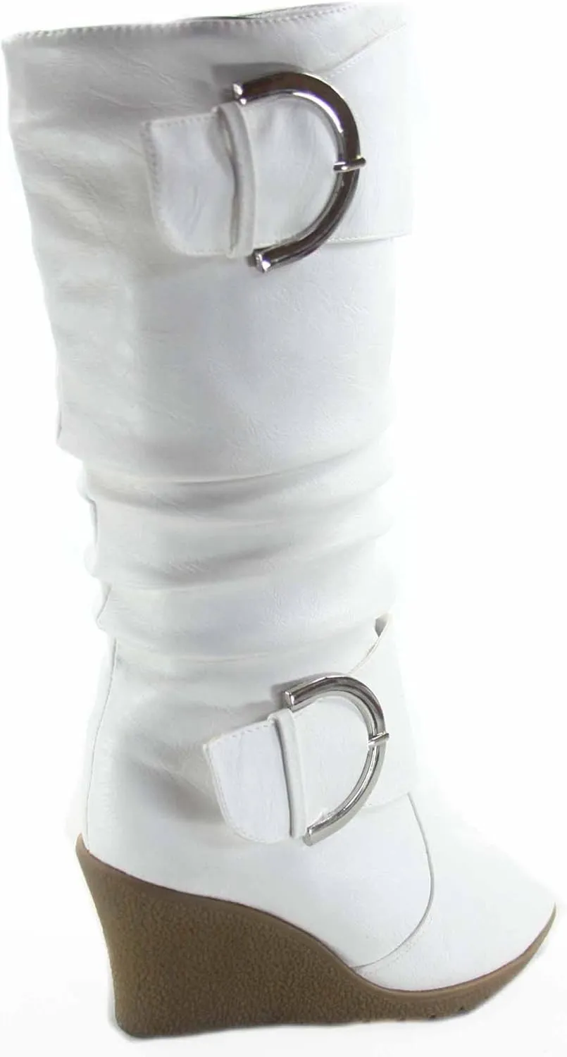 TOP Moda Pure-65 Women's Fashion Round Toe Slouch Buckle Wedge Mid Calf Boot Shoes