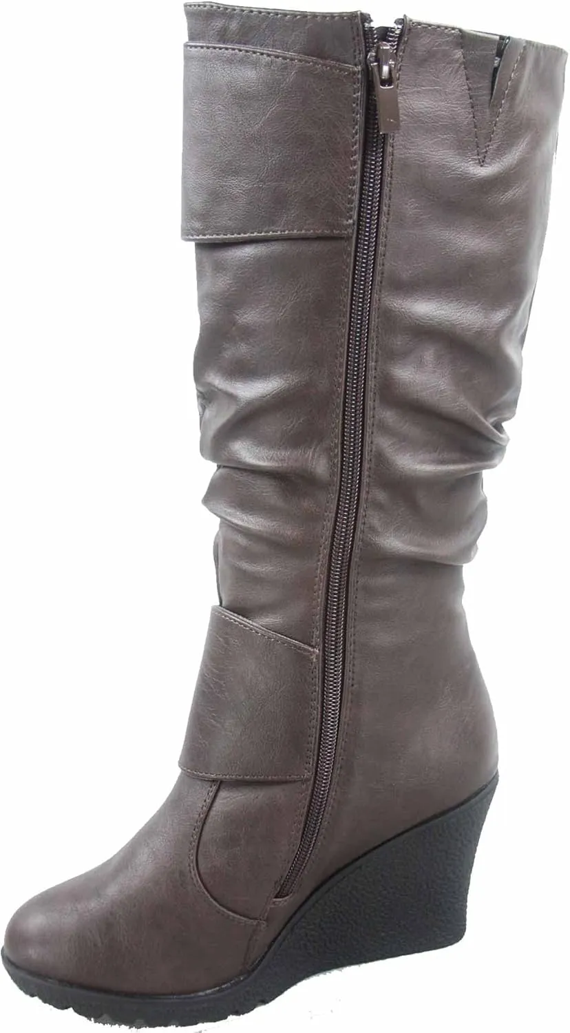 TOP Moda Pure-65 Women's Fashion Round Toe Slouch Buckle Wedge Mid Calf Boot Shoes