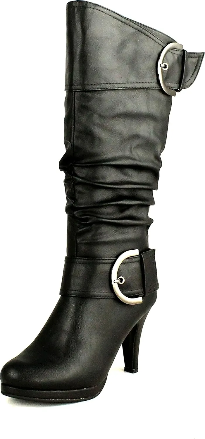 TOP Moda Womens Page-65 Knee High Round Toe Lace-Up Slouched High Heel Boots
