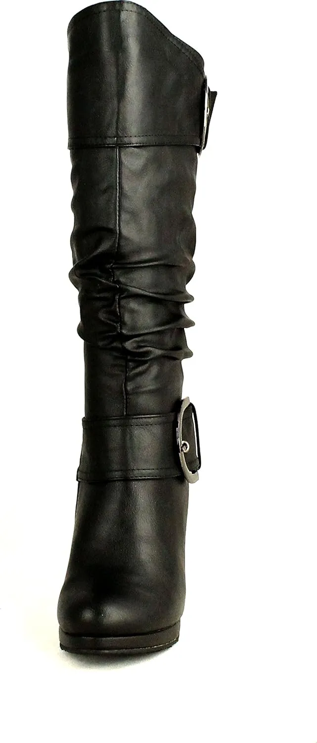 TOP Moda Womens Page-65 Knee High Round Toe Lace-Up Slouched High Heel Boots