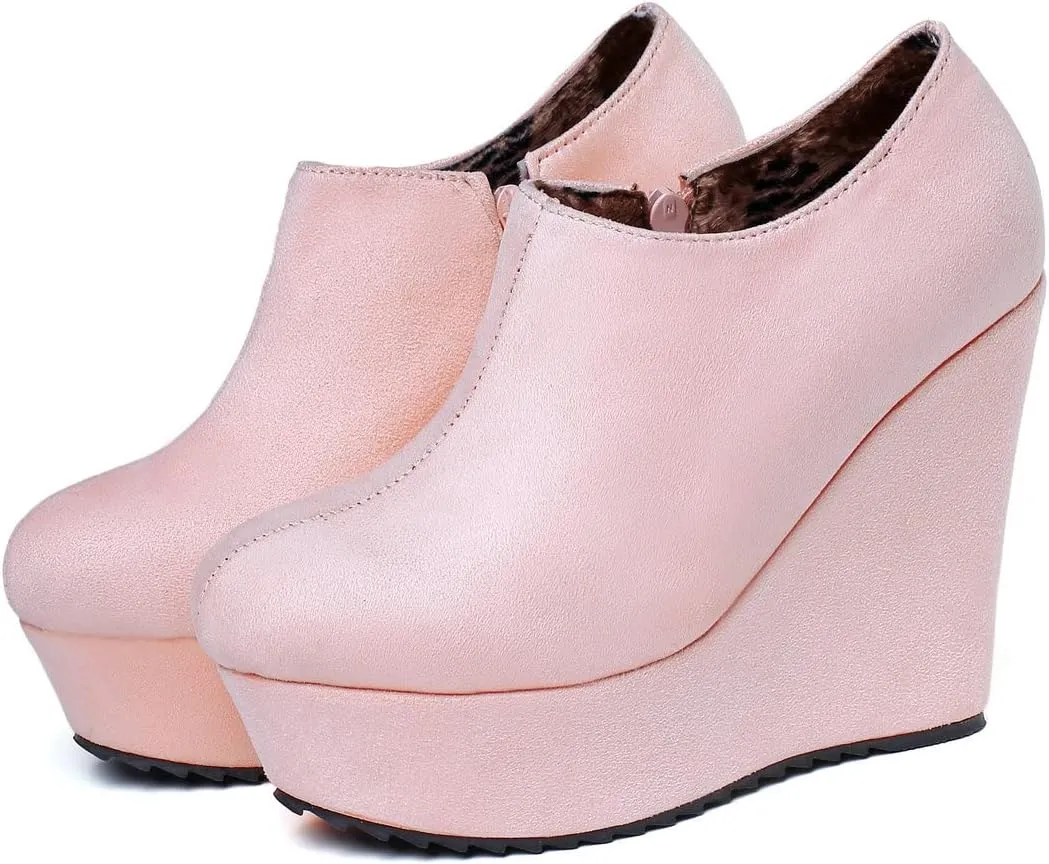 UniqueStride Women High Heel Wedge Short Ankle Boots Fashion Platform Zip up Faux Suede Ankle Booties