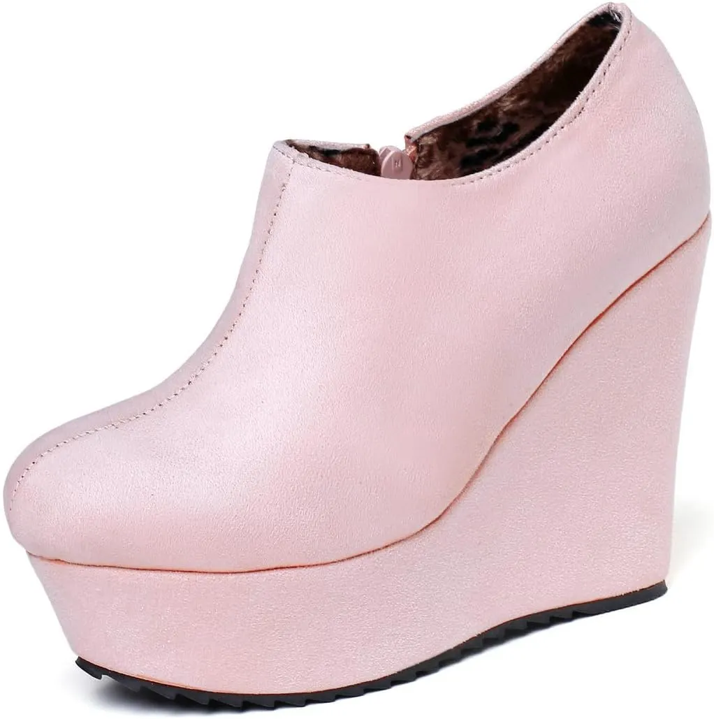 UniqueStride Women High Heel Wedge Short Ankle Boots Fashion Platform Zip up Faux Suede Ankle Booties