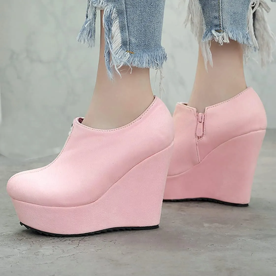 UniqueStride Women High Heel Wedge Short Ankle Boots Fashion Platform Zip up Faux Suede Ankle Booties