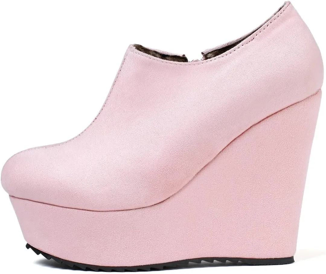 UniqueStride Women High Heel Wedge Short Ankle Boots Fashion Platform Zip up Faux Suede Ankle Booties