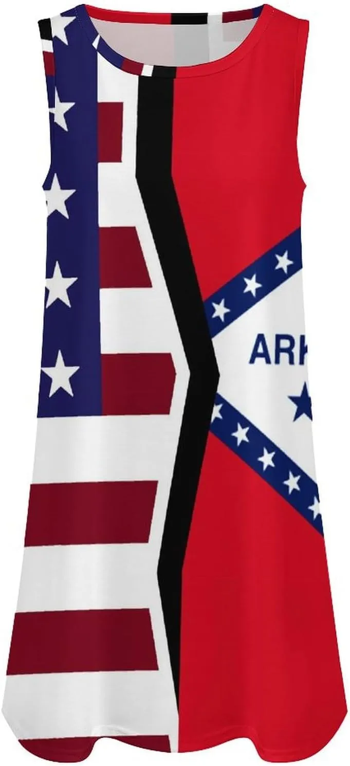 USA and Arkansas State Flag Women's Summer Dress Sleeveless Casual Loose Beach Vacation Tank Sundress