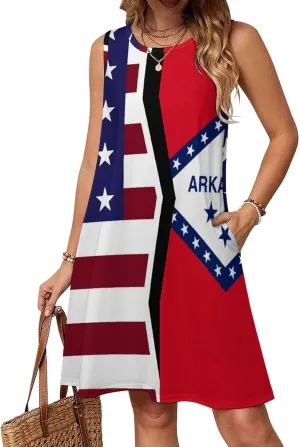 USA and Arkansas State Flag Women's Summer Dress Sleeveless Casual Loose Beach Vacation Tank Sundress