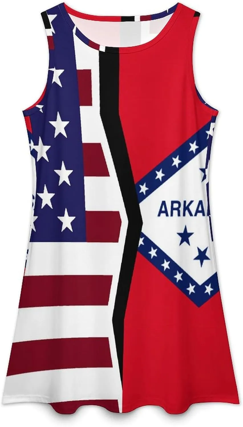 USA and Arkansas State Flag Women's Summer Dress Sleeveless Casual Loose Beach Vacation Tank Sundress