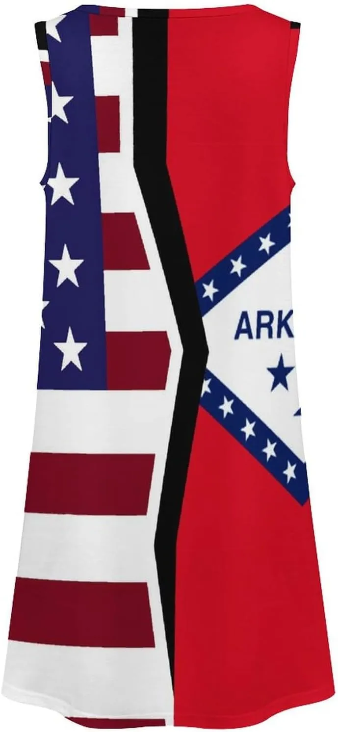 USA and Arkansas State Flag Women's Summer Dress Sleeveless Casual Loose Beach Vacation Tank Sundress