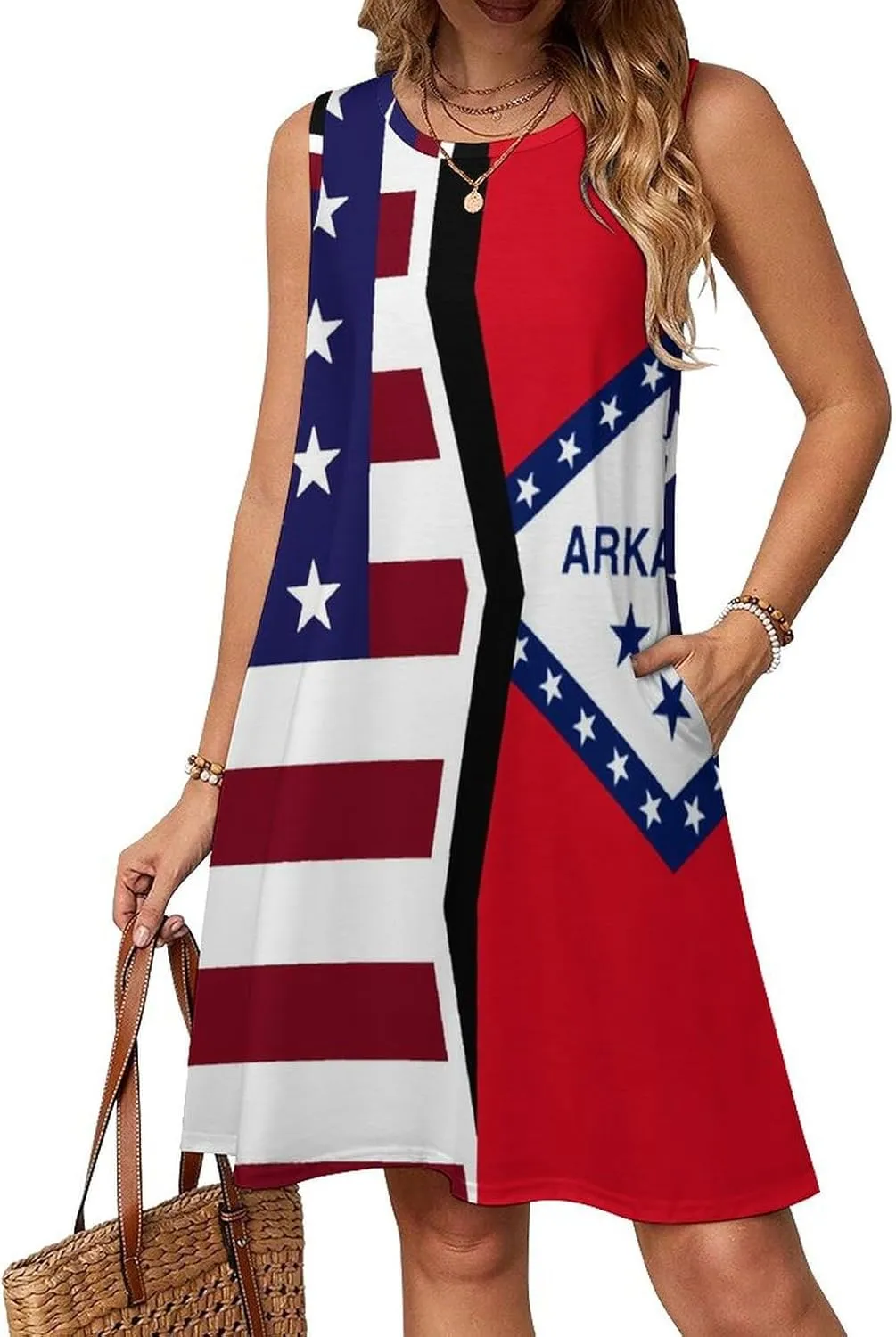 USA and Arkansas State Flag Women's Summer Dress Sleeveless Casual Loose Beach Vacation Tank Sundress