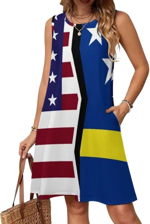 USA and Curacao Flag Women's Summer Dress Sleeveless Casual Loose Beach Vacation Tank Sundress