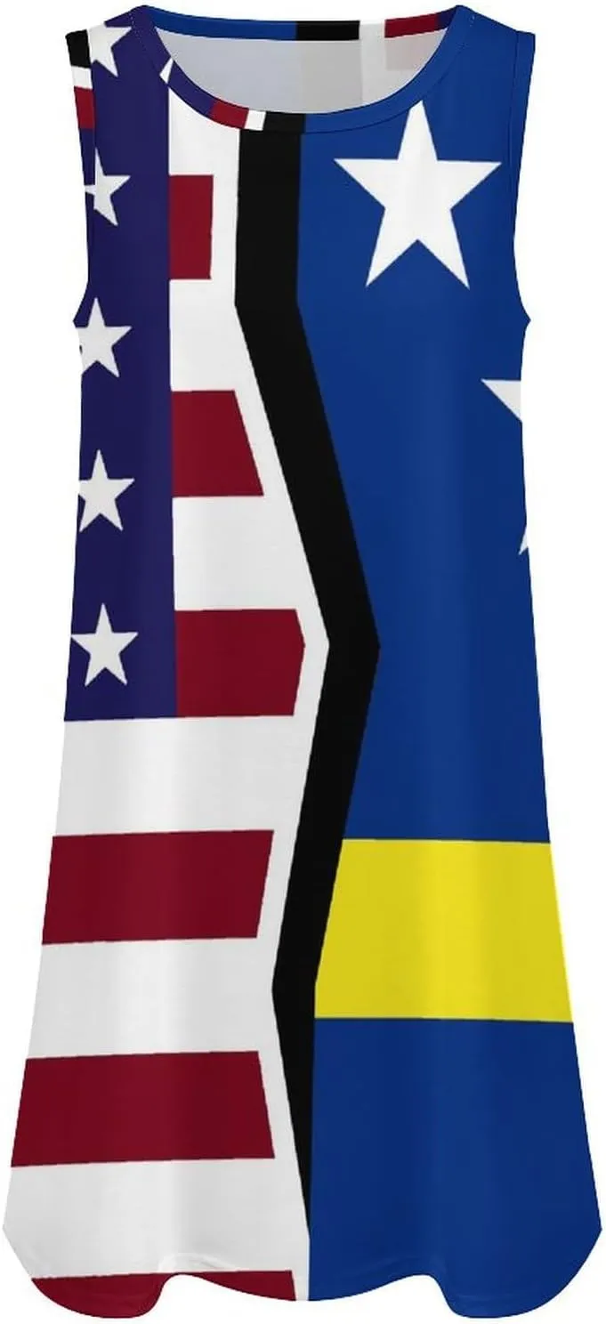 USA and Curacao Flag Women's Summer Dress Sleeveless Casual Loose Beach Vacation Tank Sundress
