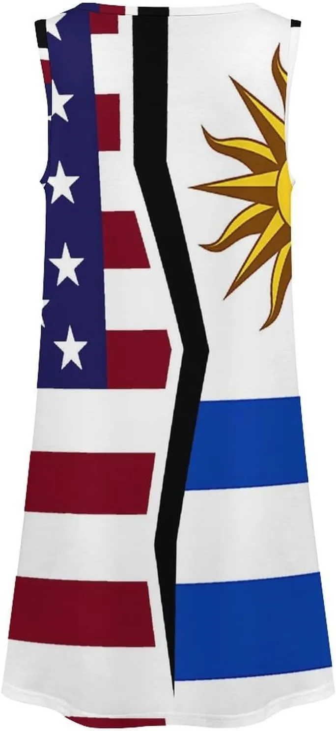 USA and Uruguay Flag Women's Summer Dress Sleeveless Casual Loose Beach Vacation Tank Sundress
