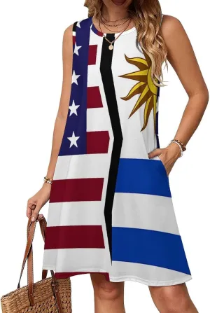 USA and Uruguay Flag Women's Summer Dress Sleeveless Casual Loose Beach Vacation Tank Sundress