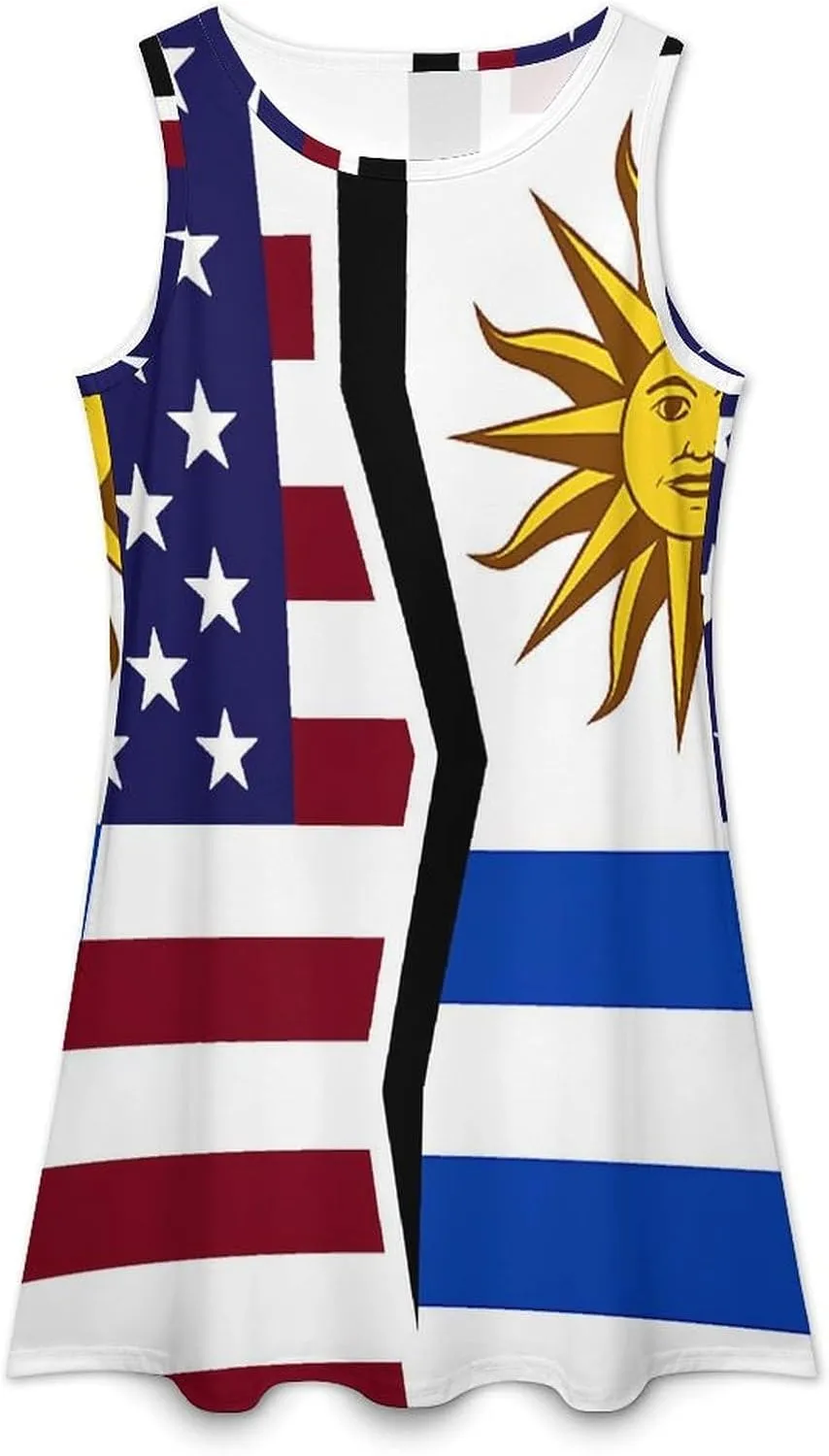 USA and Uruguay Flag Women's Summer Dress Sleeveless Casual Loose Beach Vacation Tank Sundress