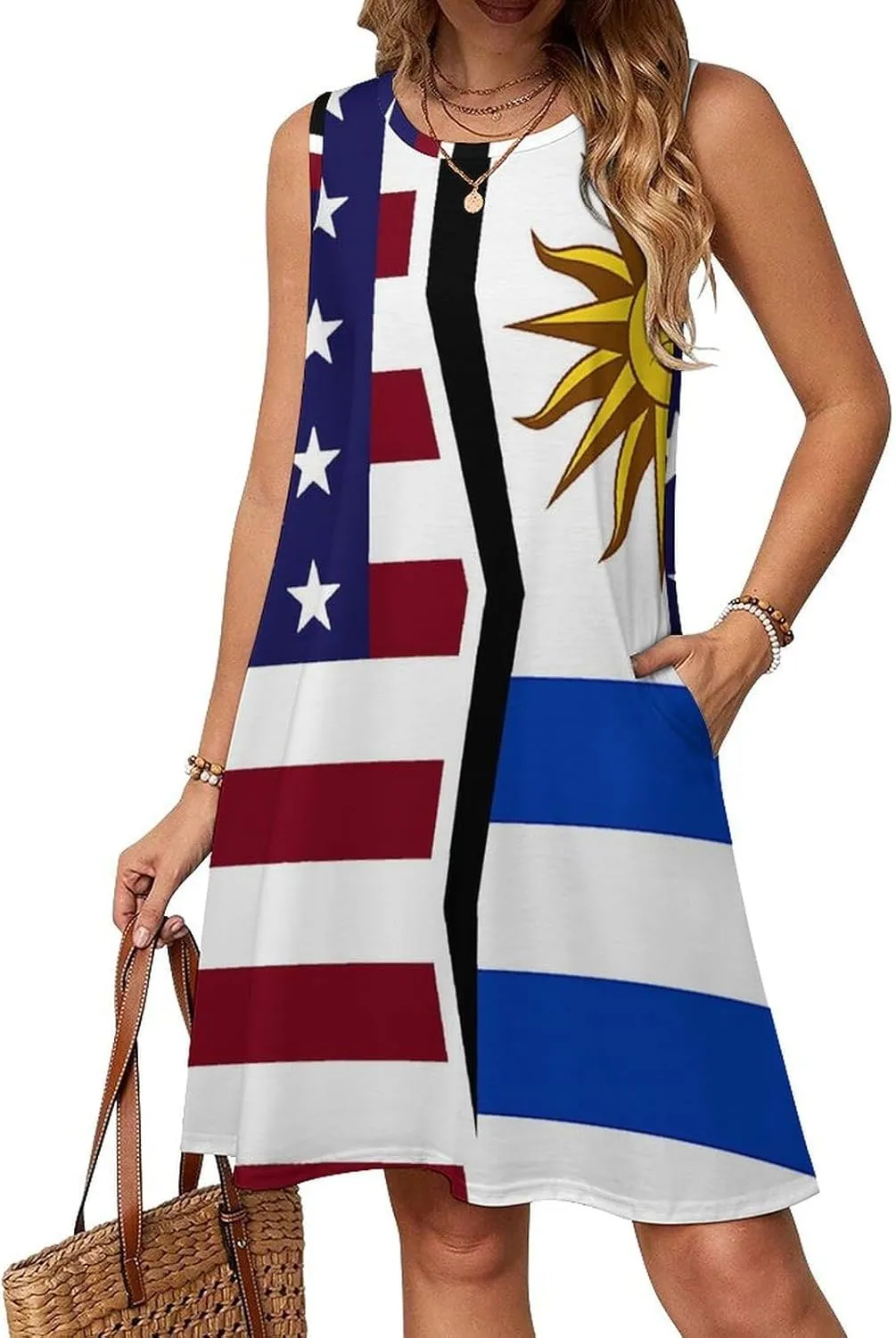 USA and Uruguay Flag Women's Summer Dress Sleeveless Casual Loose Beach Vacation Tank Sundress