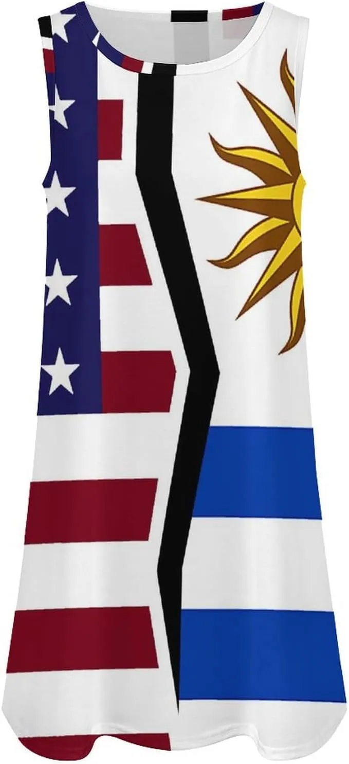 USA and Uruguay Flag Women's Summer Dress Sleeveless Casual Loose Beach Vacation Tank Sundress