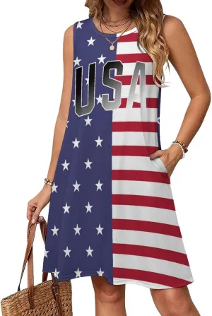 USA Flag Women's Summer Dress Sleeveless Casual Loose Beach Vacation Tank Sundress