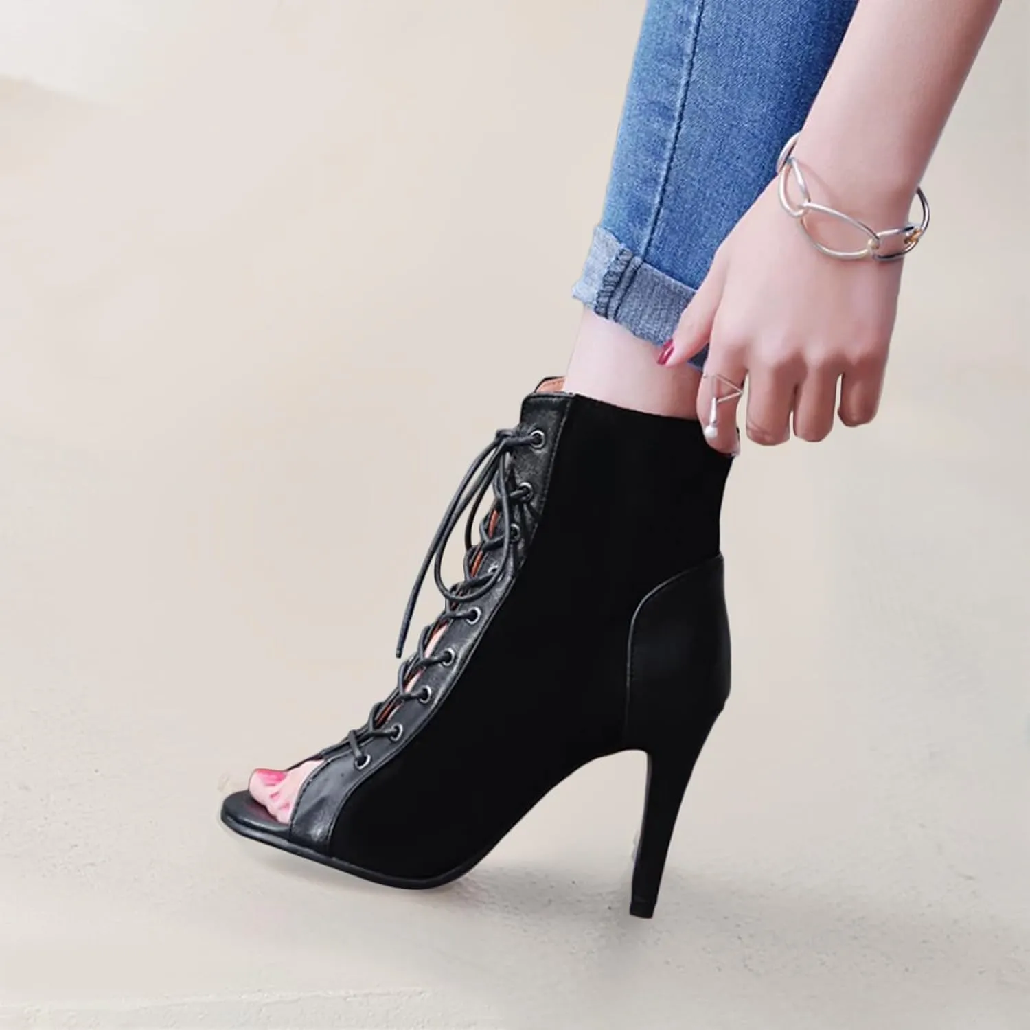 UTIKLIOU Women's Mesh Sandals Peep Toe High Top Sandals Lace Up Summer Boots Buckle Strap Party Sexy Pump Shoes Open toe