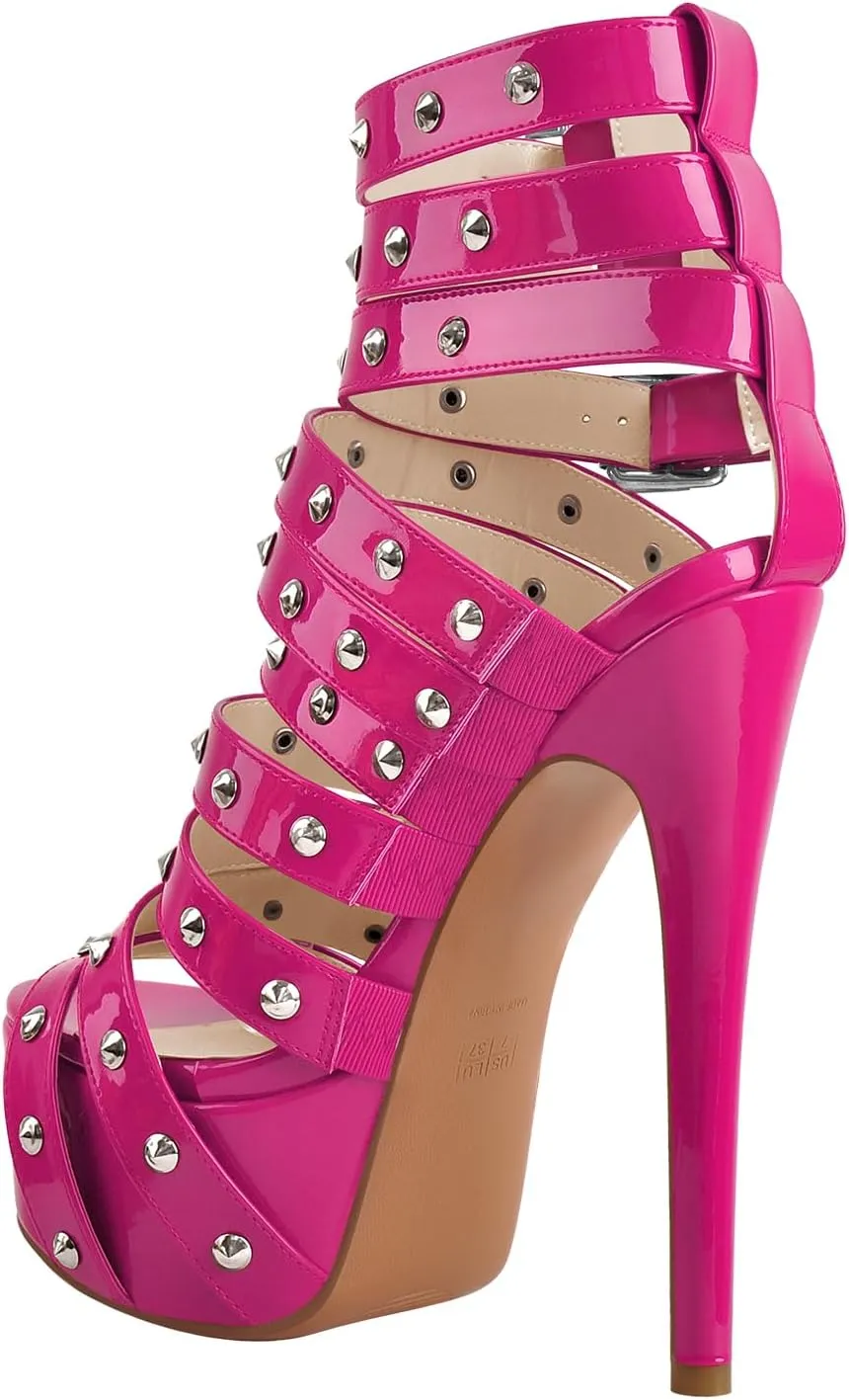 VERISSON Women's Peep Toe Gladiator Platform Sandal Boots Rhinestone Beaded Buckle Strappy Stiletto Party Booties