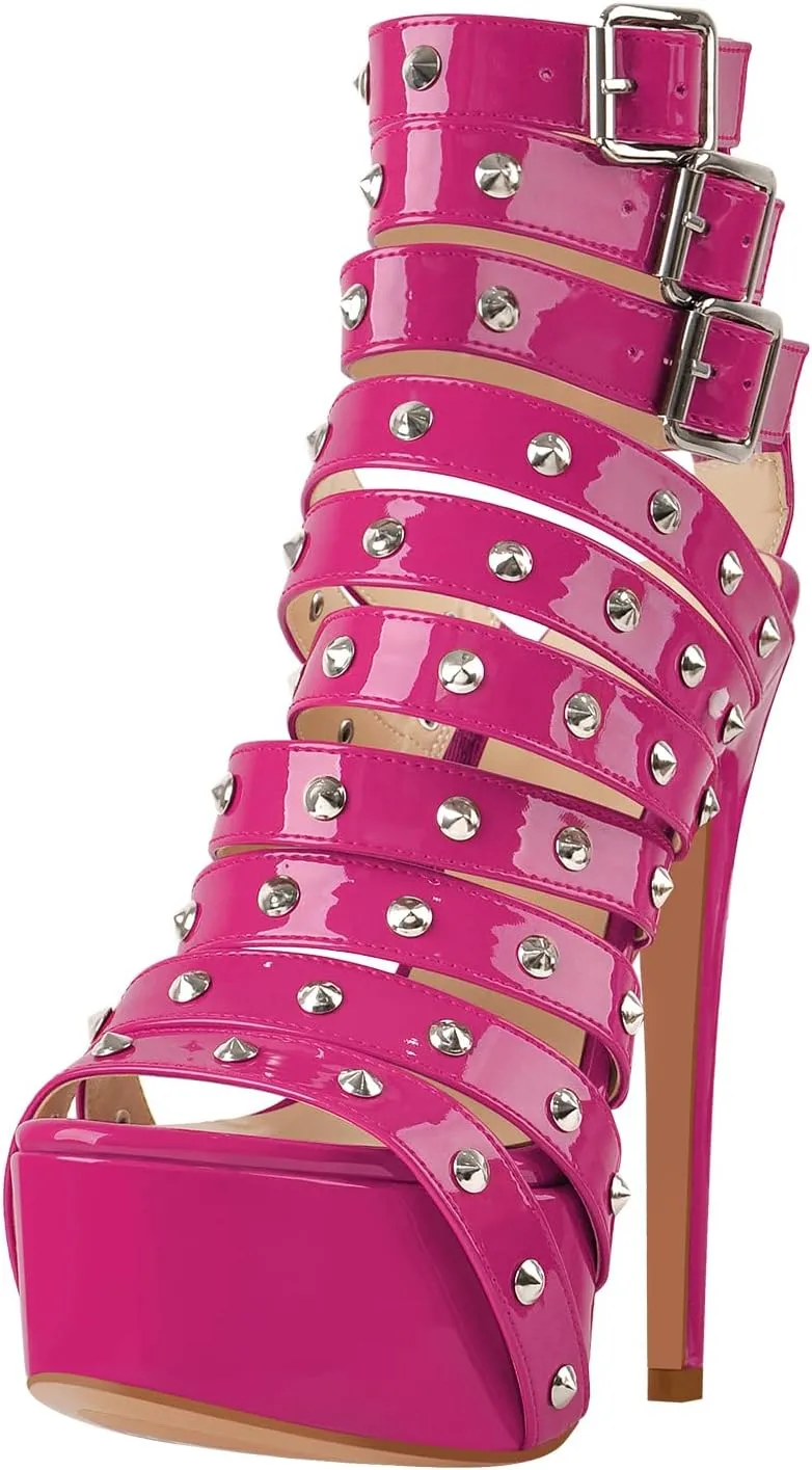 VERISSON Women's Peep Toe Gladiator Platform Sandal Boots Rhinestone Beaded Buckle Strappy Stiletto Party Booties