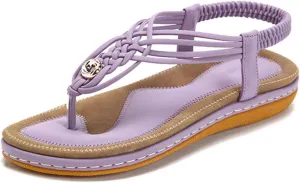 Veslexth Women's Casual Sandals Summer Bohemian Flat Ankle T-Strap Thong Elastic Strap Slippers Comfortable Home Weave Flip Flops
