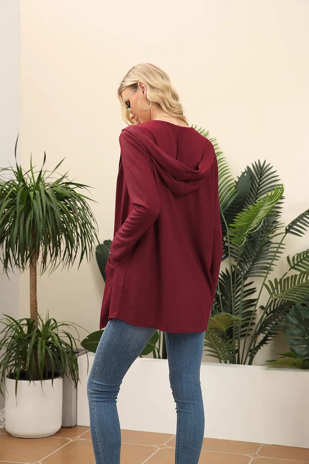 VIISHOW Womens Lightweight Casual Hoodie Cardigans Open Front Waffle Knit Long Sleeve Outwear Coat with Pockets