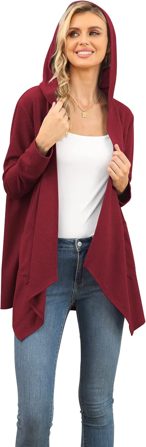 VIISHOW Womens Lightweight Casual Hoodie Cardigans Open Front Waffle Knit Long Sleeve Outwear Coat with Pockets