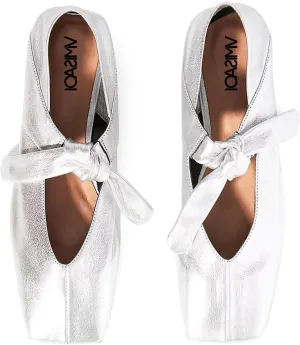 VIMISAOI Square Toe Ballerina Shoes for Women Bow Knots Ballet Flats Mary Jane Flats Slip On Bowtie Strap Flats
