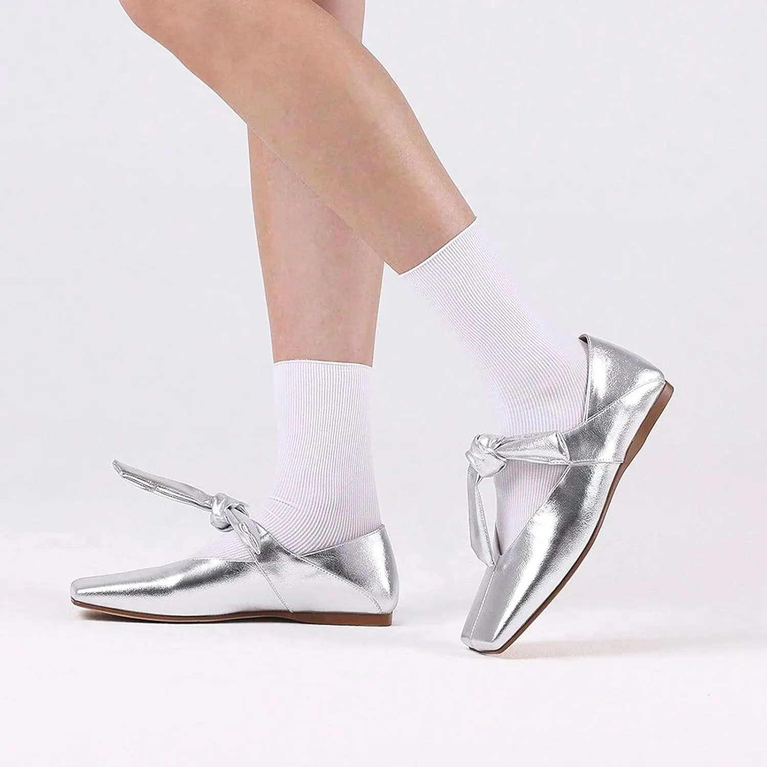 VIMISAOI Square Toe Ballerina Shoes for Women Bow Knots Ballet Flats Mary Jane Flats Slip On Bowtie Strap Flats