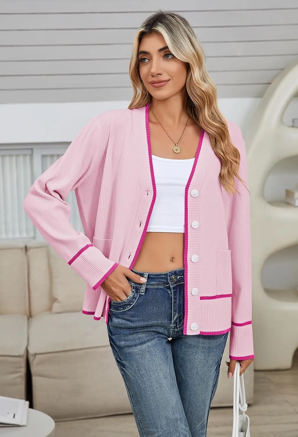 Viottiset Women's Cardigan Sweaters Oversized Button Down Striped V Neck Color Block Knit Sweater Lightweight