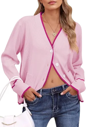 Viottiset Women's Cardigan Sweaters Oversized Button Down Striped V Neck Color Block Knit Sweater Lightweight