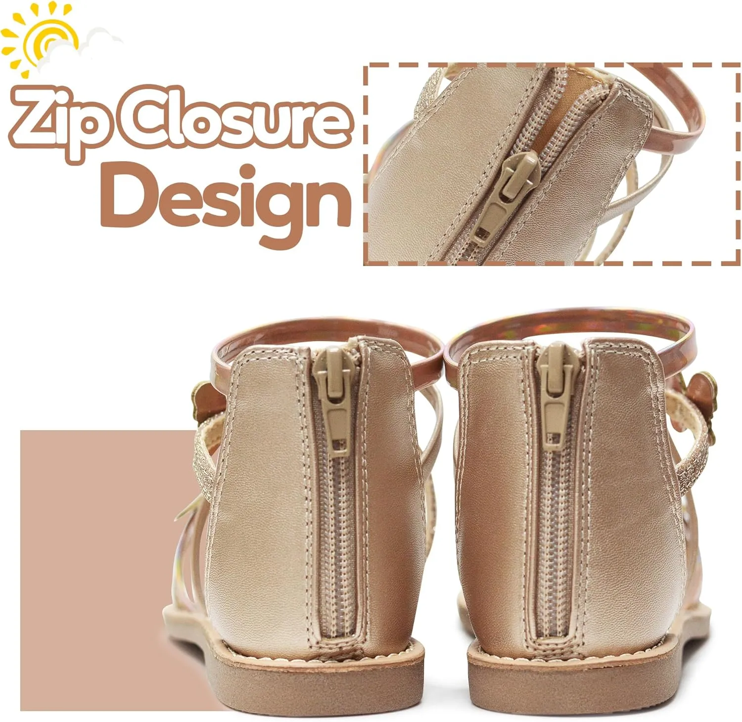 Vonair Girls Sandals Open Toe Kids Summer Flat Sandals with Zipper Fashion Dress Flower Shoes for Wedding Party