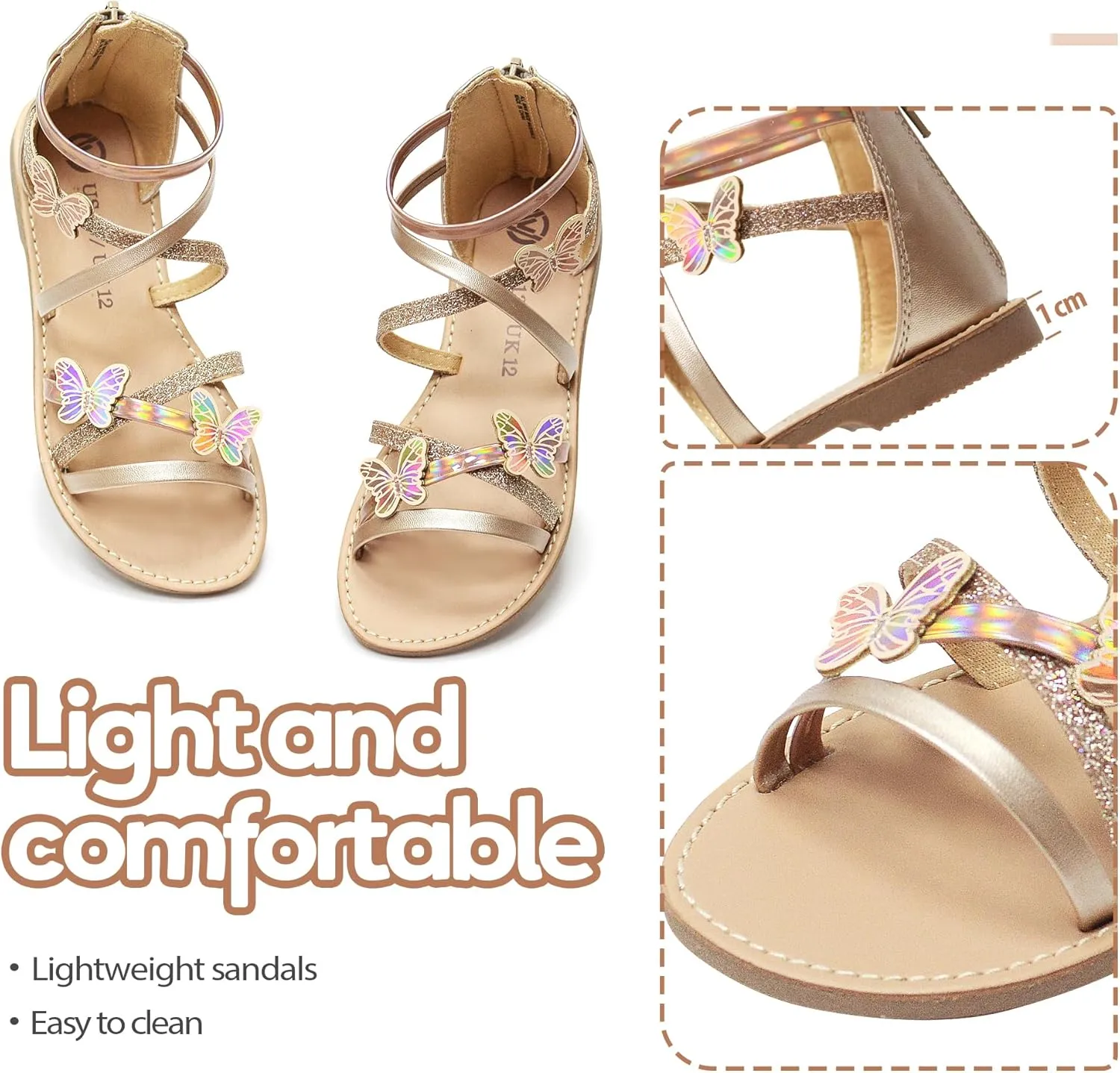 Vonair Girls Sandals Open Toe Kids Summer Flat Sandals with Zipper Fashion Dress Flower Shoes for Wedding Party